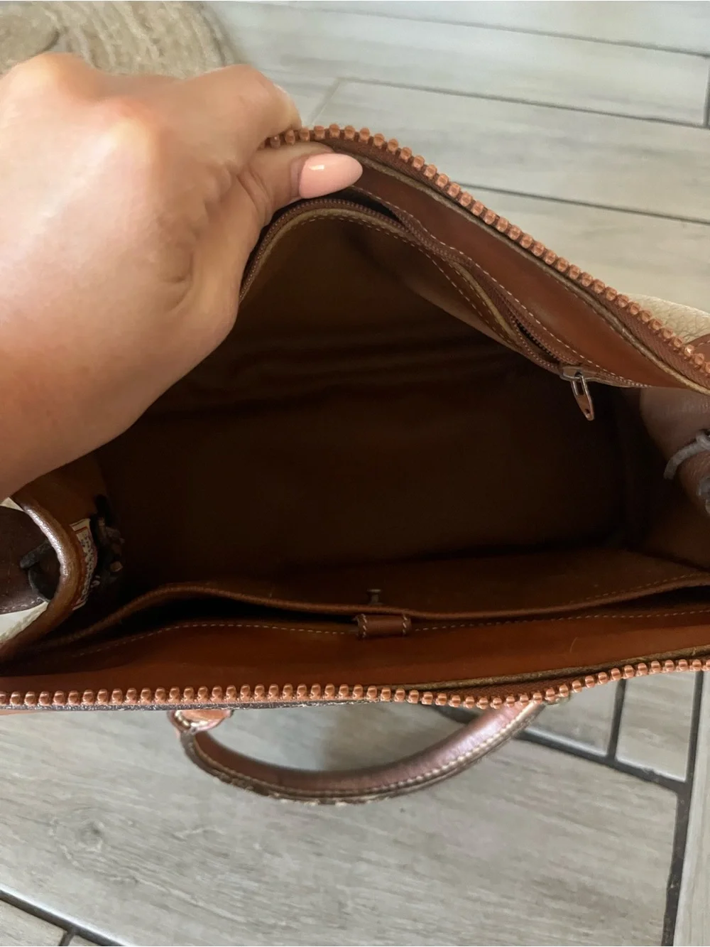 Dooney & Bourke Cream Pebbled Leather Satchel with Brown Trim